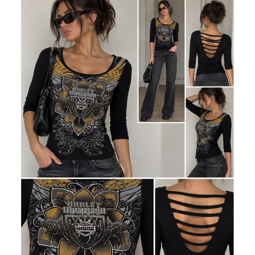 Harley Davidson Womens Black Graphic Rhinestone Top Ladder Back 3/4 Sleeve